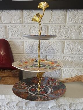 Three-Tier Decorative Serving Stand - Gold with Multicolor Plates